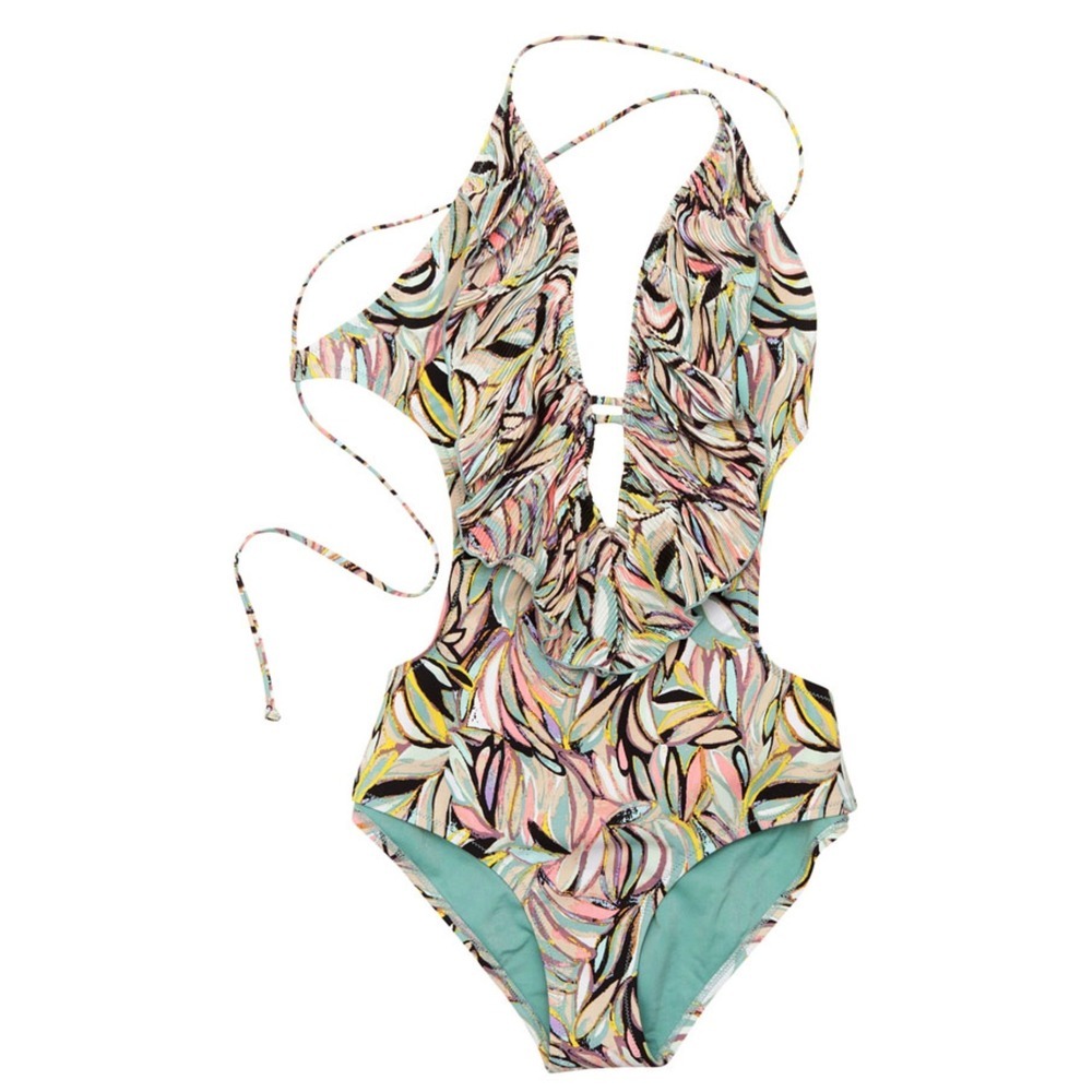 H&M Swimsuit Women 6 Multicolor Ruffle Cutout Abstract Colorful Tropical Print